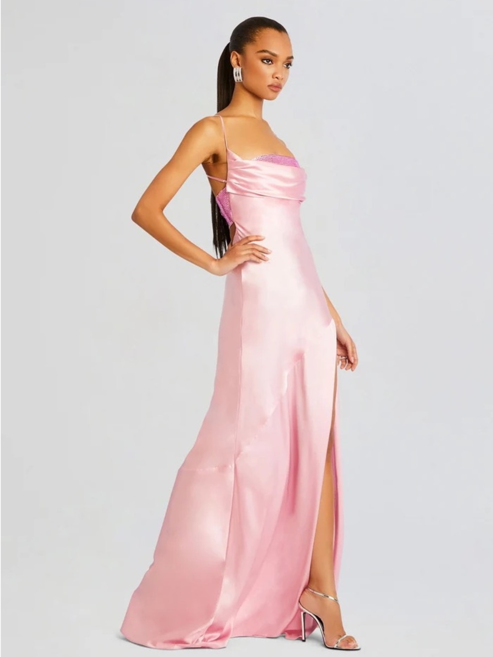 Retrofete pink Darcy Pink silk Gown w rhinestones and leg slit sz Small New